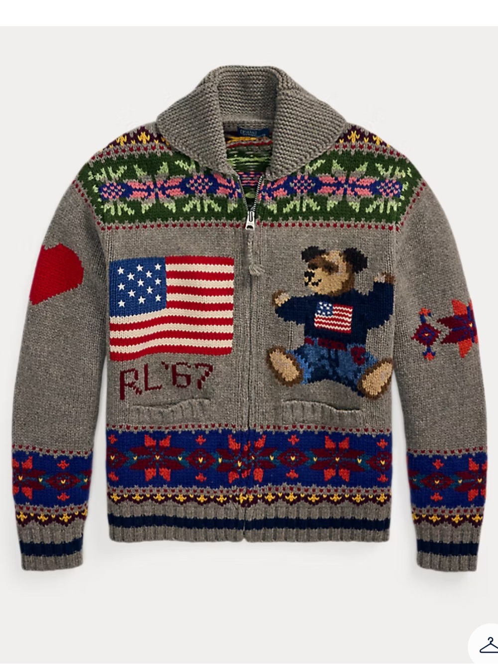 Ralph Lauren Polo Bear Wool Zip Cardigan Fair Isle Small